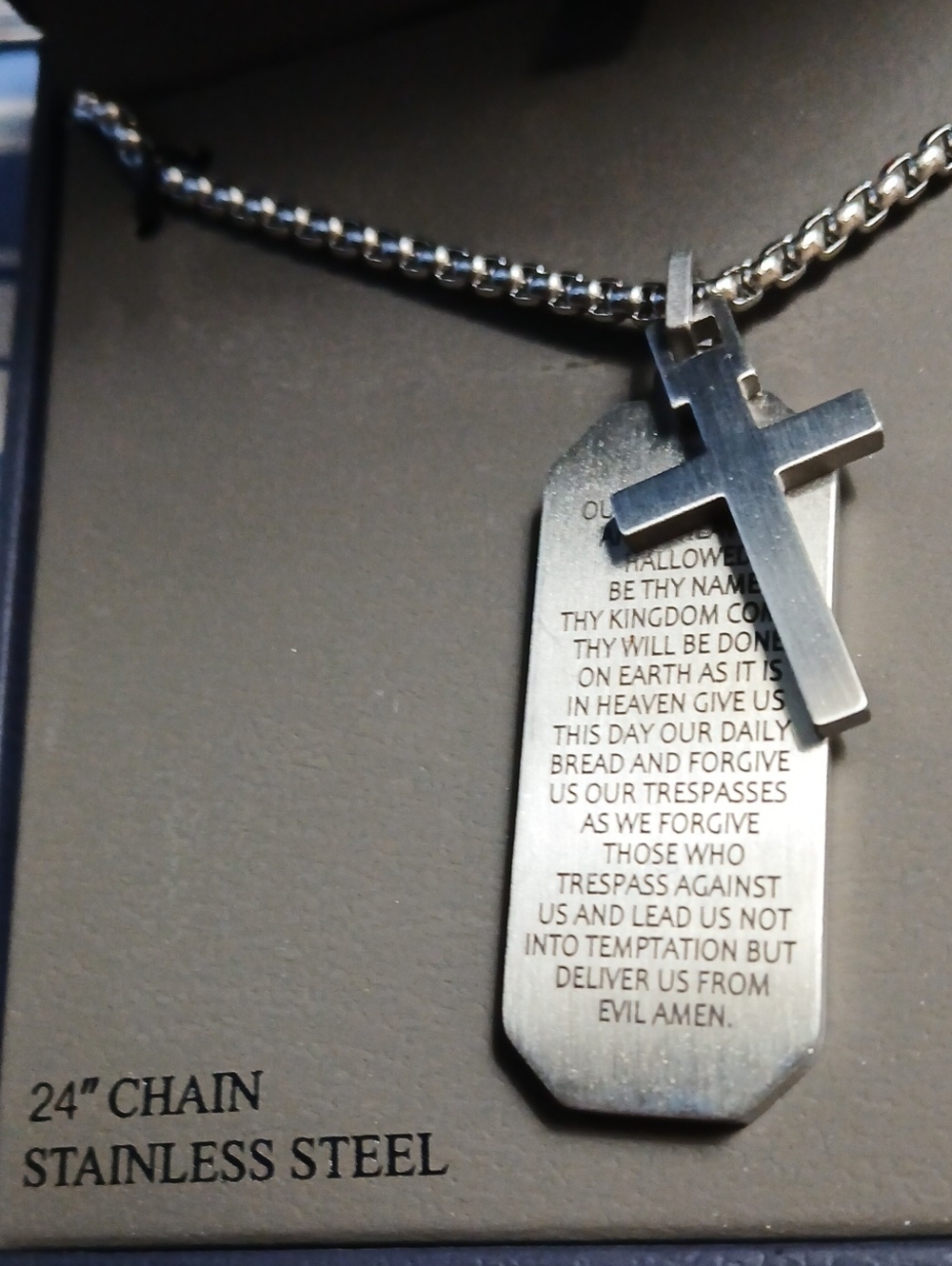 Men's Stainless Steel Cross & Dog Tag Necklace Silver Lords Prayer